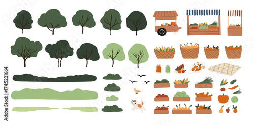 Illustration set of elements of farmers market and eco park: wooden crates and wicker baskets with pumpkins, carrots, corn, apples, pears, tangerines, leafy greens, trees. Flat vector illustration.
