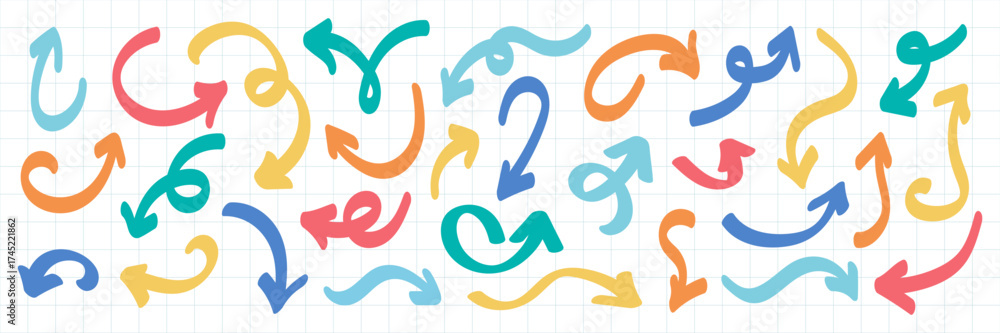 Fototapeta premium Doodle sketch arrows collection isolated. Playful multicolored curved arrow vector graphic set. Education infographic presentation icon