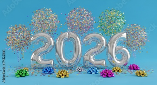 Wallpaper Mural Shiny silver 2026 balloons and festive decorations on blue background Torontodigital.ca