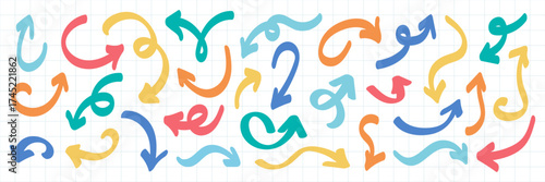 Doodle sketch arrows collection isolated. Playful multicolored curved arrow vector graphic set. Education infographic presentation icon