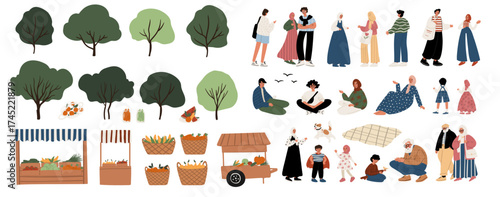 Illustration set of elements for farmers market and park: Muslim men and women in hijabs, kids and adults in diverse poses and actions; trees, wooden crates, box and basket with fruits and vegetables