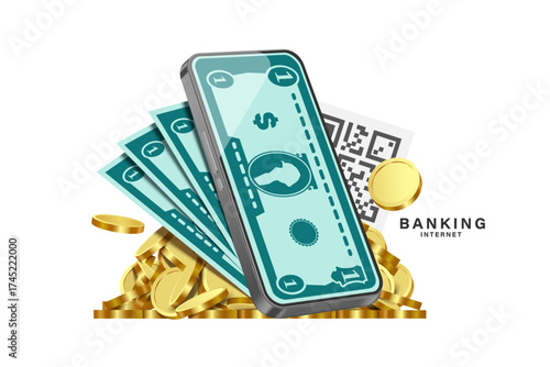 Dollar bills and gold coins or money come out of a smartphone after scanning a QR code with a banking application, vector 3d isolated on white background for internet banking, financial concept design