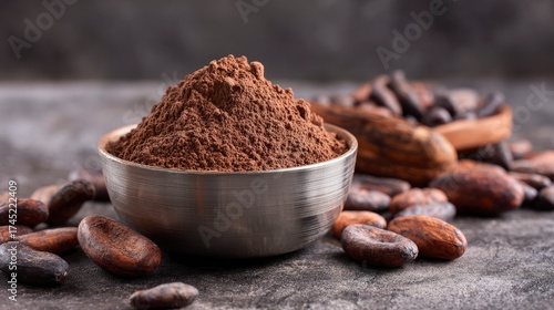 A bowl filled with cocoa powder surrounded by cocoa beans