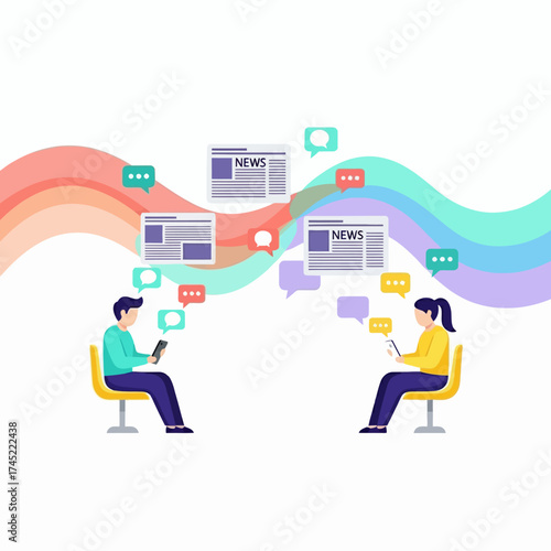 Communication and information exchange between people via digital devices and social media, with news articles floating in between