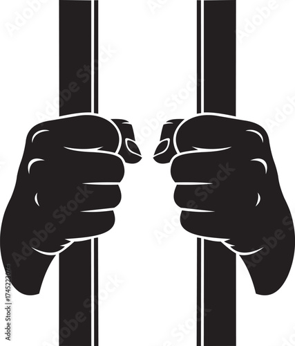 Vector art of silhouette of hands gripping prison bars, symbolizing incarceration and the desire for freedom