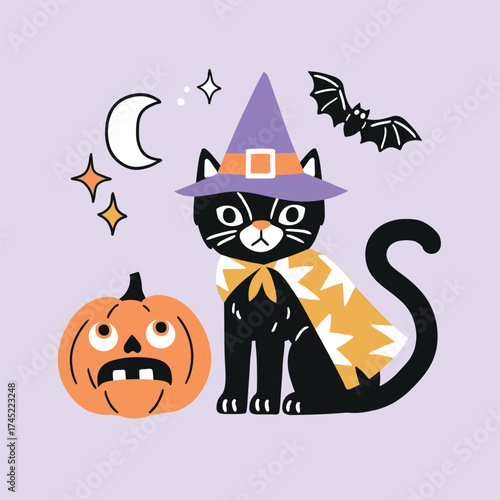 Cute vector cat with Halloween pumpkin, bat, moon and stars. Hand drawn creepy Halloween clipart on isolated background. Perfect for sticker, tee shirt logo, greeting card, poster or print design.