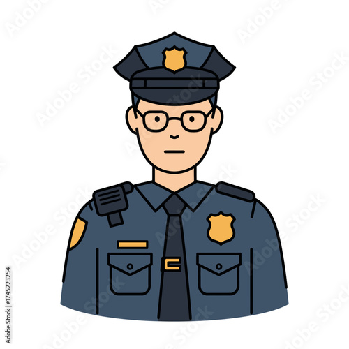 A detailed illustration of a police officer in uniform featuring a cap glasses and badges against a clean white background representing law enforcement and public safety.