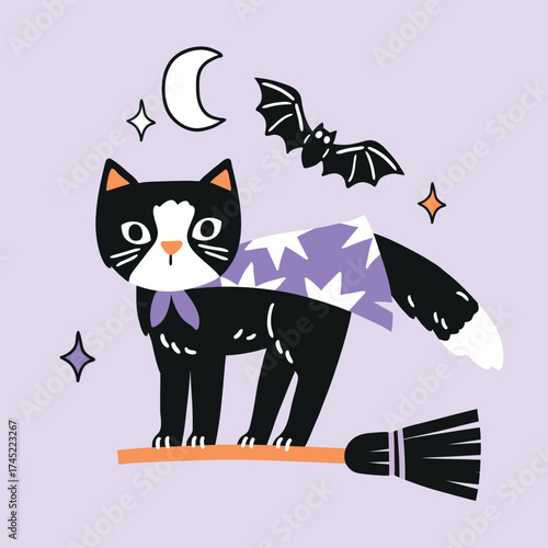 Cute vector Halloween witch cat with bat, moon and stars. Hand drawn creepy Halloween clipart on isolated background. Perfect for sticker, tee shirt logo, greeting card, poster or nursery print design