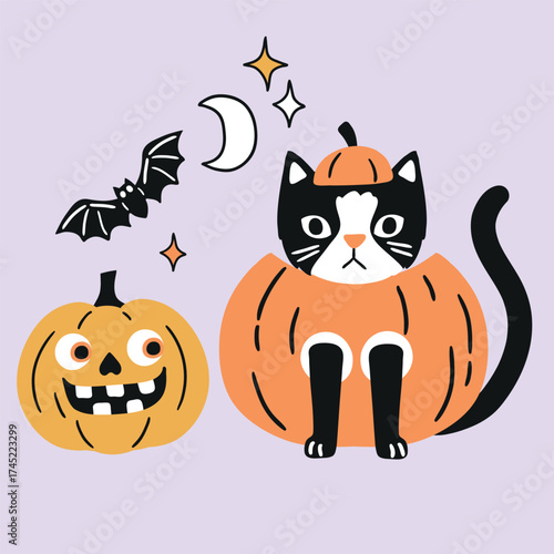 Cute vector cat with Halloween pumpkin, bat, moon and stars. Hand drawn creepy Halloween clipart on isolated background. Perfect for sticker, tee shirt logo, greeting card, poster or print design.