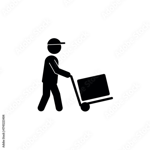 Delivery person pushing a cart with a package.