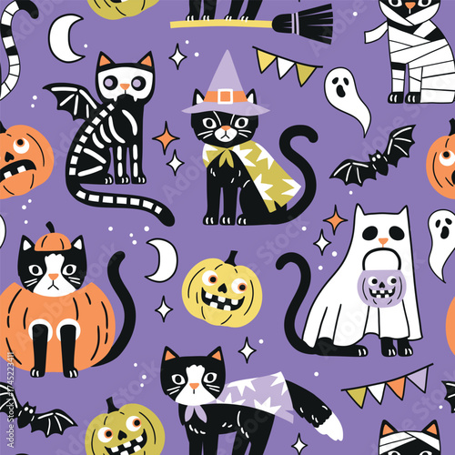 Seamless vector pattern with spooky Halloween black cats. Hand drawn creepy Halloween pumpkin and cat illustration. Perfect for wallpaper or fabric print design. EPS 10 vector file.