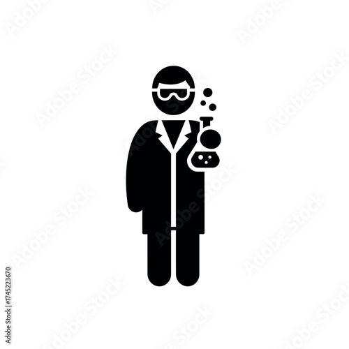 Scientist in lab coat holding a flask with chemical reaction.