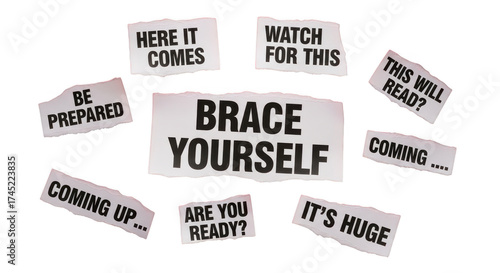 Torn newspaper clippings with warning messages isolated on transparent background