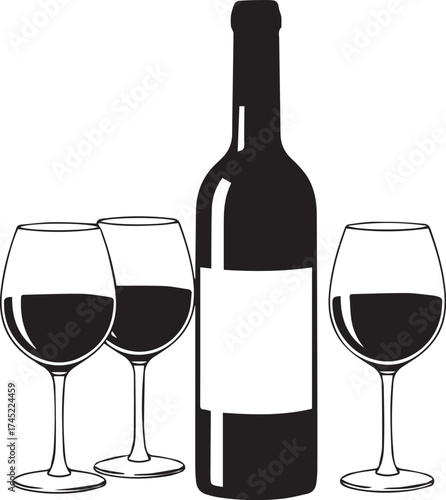 Elegant dark red wine bottle surrounded by three crystal wine glasses filled with rich red wine