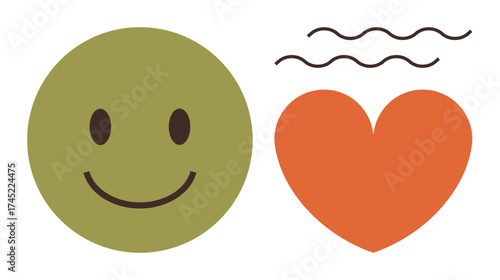 Green happy face next to an orange heart with wavy lines. Ideal for positivity, happiness, love, mindfulness, wellness, appreciation, emotional connection. A simple flat metaphor