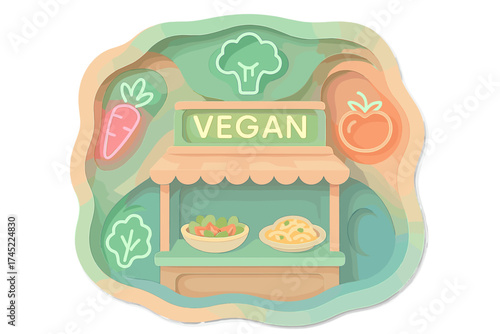 Vegan market stall in layered pastel paper cut style with vegetables and sign
