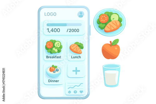 Mobile app interface for tracking healthy meals with colorful food icons