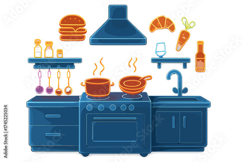 Neon kitchen with glowing utensils and ingredients in modern design