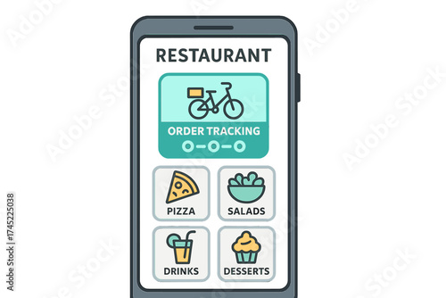 Online food delivery app interface with order tracking and menu icons