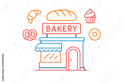 Neon bakery sign glows with bread and pastries in retro ambiance
