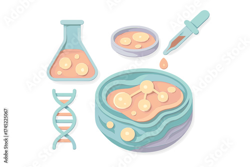 3d neon biotech design with dna strand and laboratory equipment