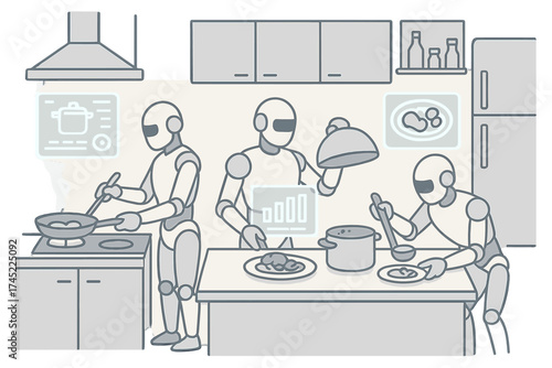 Robotic chefs cooking in futuristic kitchen with smart technology