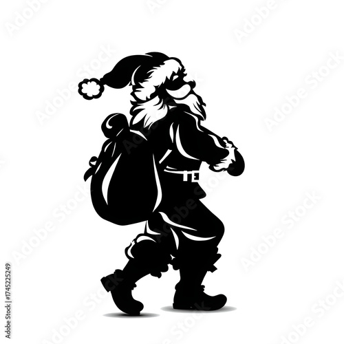 Santa Claus silhouette with gift bag isolated on white background