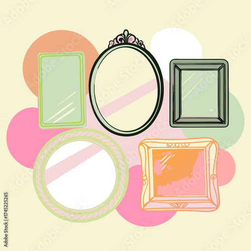 Set of vintage mirrors on yellow background, transparent glass showcase, mirror, window. Cartoon mirrors, vector. EPS version.