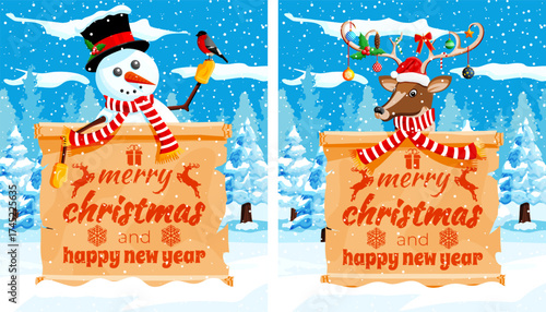 Two festive animated characters, a snowman and a reindeer, holding a Merry Christmas and Happy New Year scroll on a snowy background.