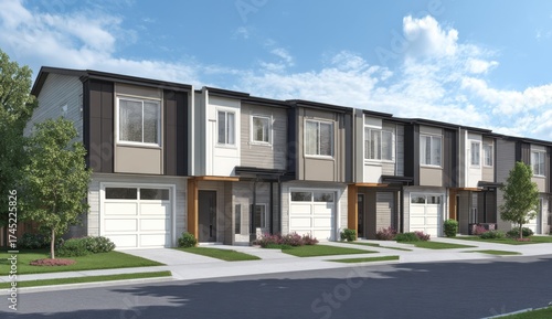 Modern row of townhouses with garages, front lawns, and clear blue sky backdrop