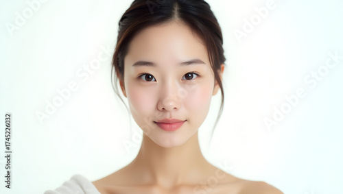 Young Asian woman with clear skin and natural beauty, smiling softly against a light background
