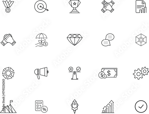 Success Outline Vector Icons Set. Achievement, Goal, Business, Trophy, and Goal Outline Vector Icons Collection.