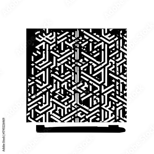 Complex geometric pattern featuring interlocking white lines against a black background forming a maze like design
