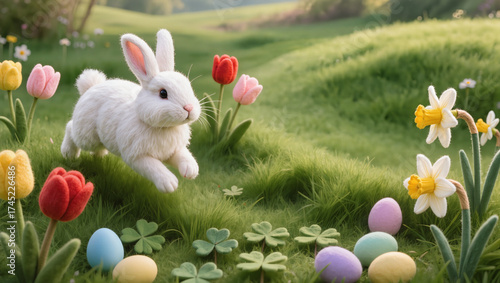Playful white Easter bunny surrounded by pastel eggs and spring flowers in a sunny green meadow, representing the joy of Easter.