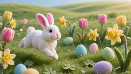 White bunny jumping happily in a spring meadow decorated with colorful Easter eggs, tulips, and daffodils under soft sunlight.