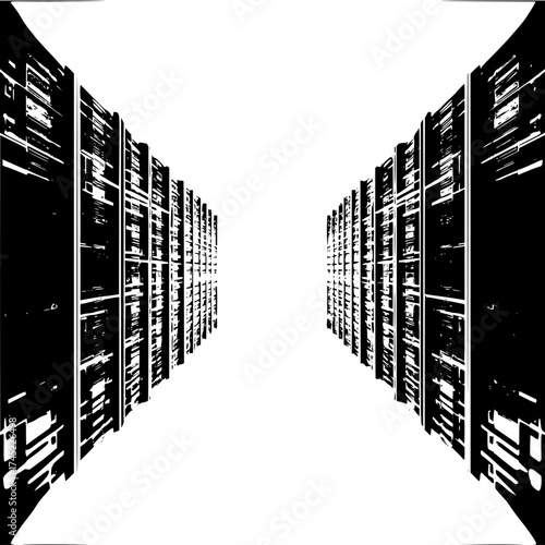 Monochrome illustration of two tall structures with a grid like pattern facing each other in perspective