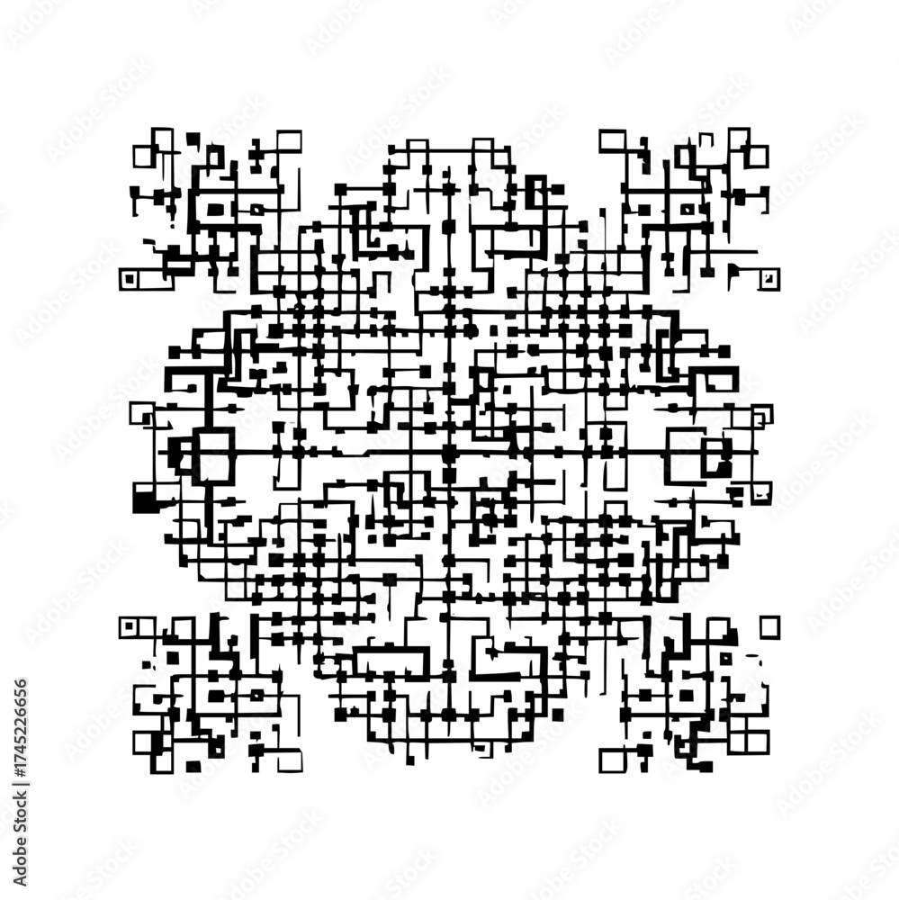Fototapeta premium Complex network of interconnected black lines and squares forming an abstract circular pattern on white background