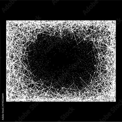 White lines forming a dense frame around a black space with scattered dots and a sense of depth and texture