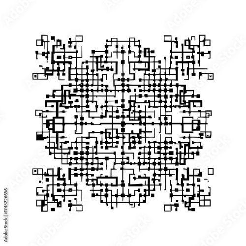 Complex network of interconnected black lines and squares forming an abstract circular pattern on white background