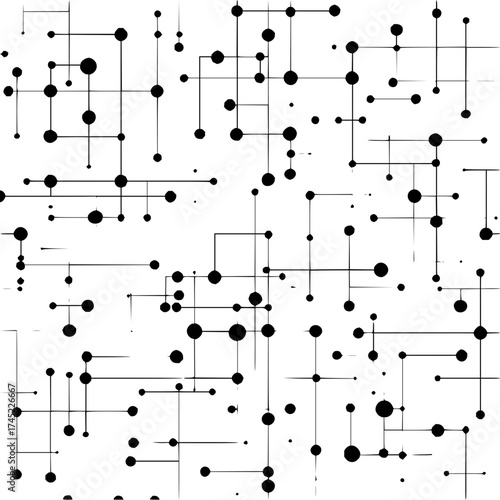 Abstract pattern of black circles connected by lines on a white background creating a network design