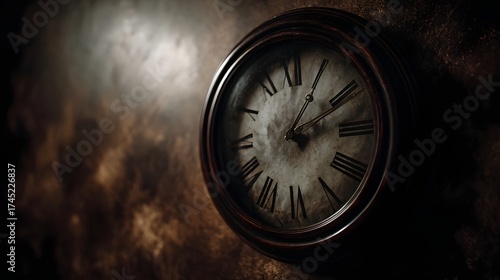 Wallpaper Mural An antique wall clock with Roman numerals bathed in dramatic light against a dark textured background Torontodigital.ca