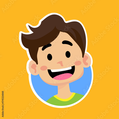 Guy with a wide smile on his face flat vector sticker character with hairstyle