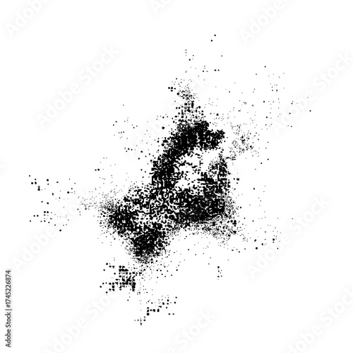 Abstract black and white pixelated design with scattered dots and square shapes on a white background