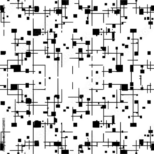 Abstract black and white pattern featuring squares and lines in a chaotic arrangement across the frame