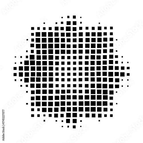 Black square mosaic forming an abstract floral shape with varying densities on a white background design