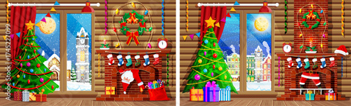 Christmas living room with decorated tree, Santa Claus in chimney, and winter window view. New Year celebration at home vector illustration.