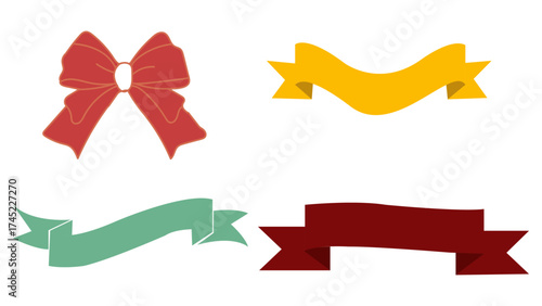 Ribbon icon set. Includes bow, banner, label, and ribbon symbols. Created in flat style with red, yellow, green, and maroon colors