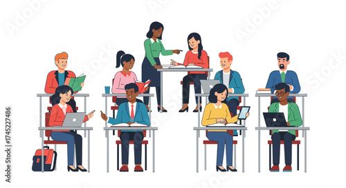 Diverse students and teacher in a modern classroom setting illustration.
