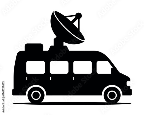 Silhouette icon of a news broadcasting truck with an attached satellite dish for media coverage