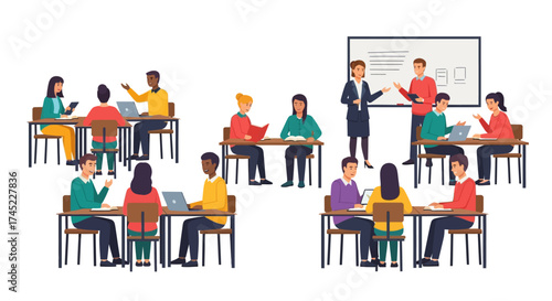 People in a classroom setting, learning and collaborating together.